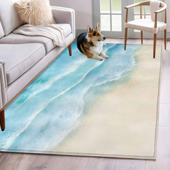 Ocean Beach Area Rugs 3x5 ft Gradient Light Blue Ocean Waves Beige Beach Washable Rug Non Slip Indoor Carpet Absorbent Floor Mat for Living Room Bedroom Dining Room