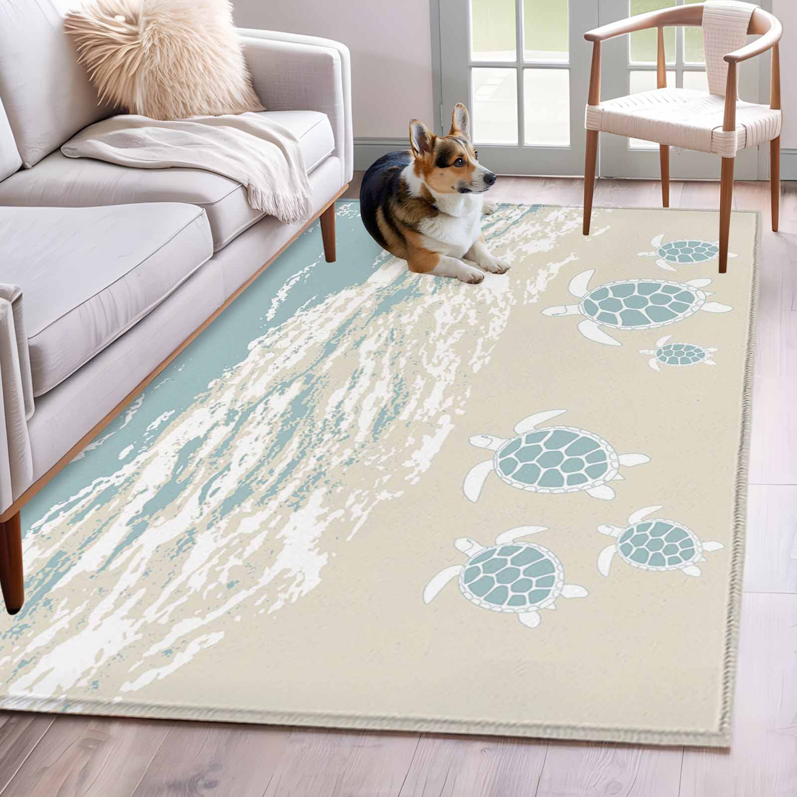 Ocean Beach Area Rugs 4x6 ft Hand-Painting Abstract Beige Beach Blue ...