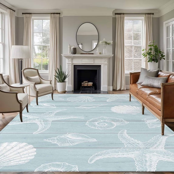 Ocean Beach Area Rugs 6'x9', Small Throw Rugs for Kitchen Dining room, Summer Coastal Starfish Shell Conch Wooden Green Indoor Outdoor Rug Non-Slip Low Pile Carpet Runner Reversible Floor Mats