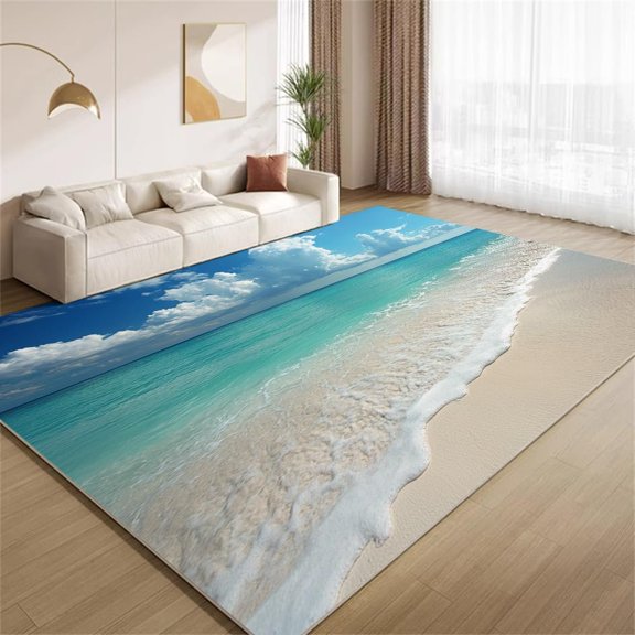 Ocean Beach Area Rugs, Blue Tropical Seaside Scenery Carpet, Washable Non Slip Low Pile Soft Rug for Living Room Bedroom Decor Mat 3ftx5ft