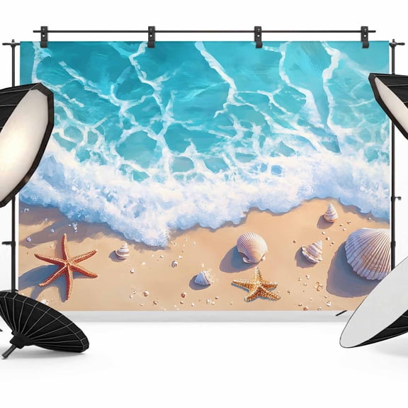Ocean Beach Backdrop for Photoshoot,Photography Photo Studio Background Wall Backdrop,Coastal Nautical Starfish Shells Sea Waves Back Drop Banner Panel for Portraits Wedding Live Streaming 7x5Ft