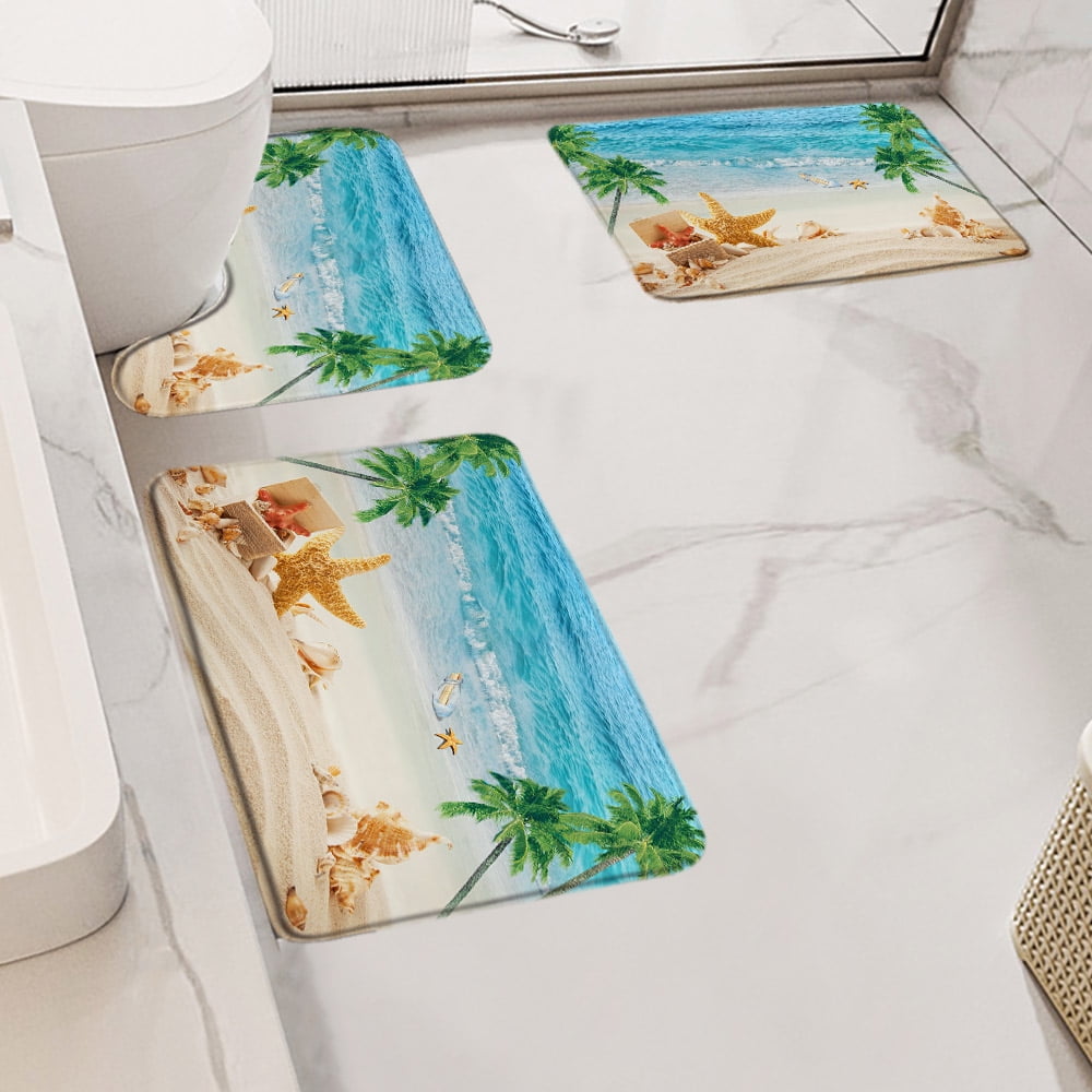 Ocean Beach Bath Mat Set Sea Waves Coconut Trees Starfish Dolphin Nature Scenery Carpet Bathroom Decor Non-Slip Rug U Shape Mats