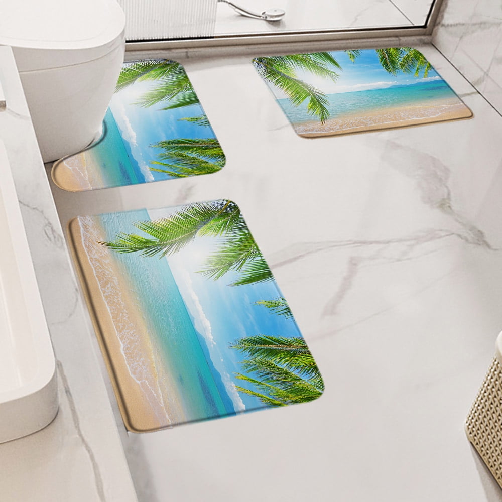 Ocean Beach Bath Mat Set Sea Waves Coconut Trees Starfish Dolphin Nature Scenery Carpet Bathroom Decor Non-Slip Rug U Shape Mats
