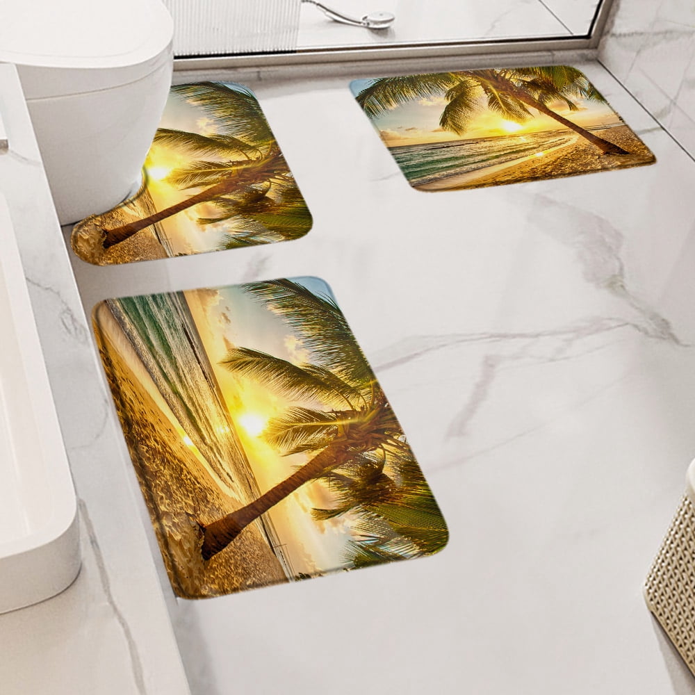Ocean Beach Bath Mat Set Sea Waves Coconut Trees Starfish Dolphin Nature Scenery Carpet Bathroom Decor Non-Slip Rug U Shape Mats