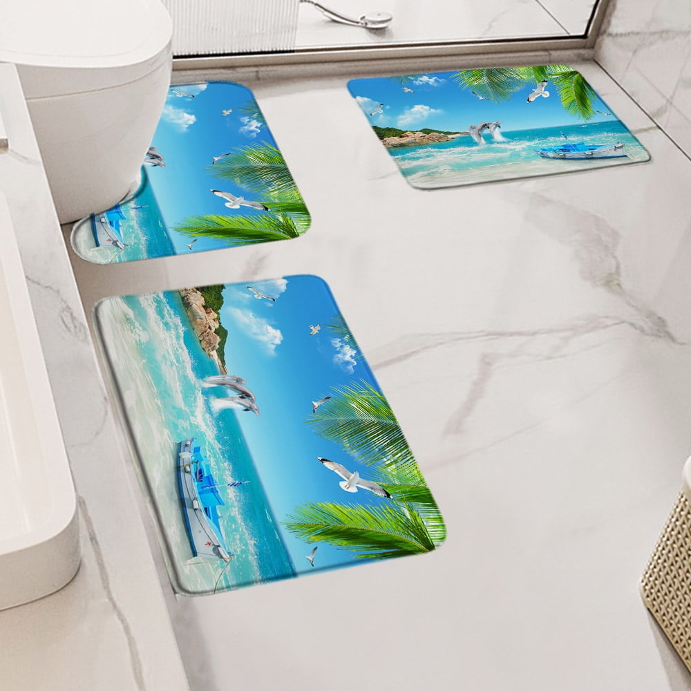 Ocean Beach Bath Mat Set Sea Waves Coconut Trees Starfish Dolphin Nature Scenery Carpet Bathroom Decor Non-Slip Rug U Shape Mats