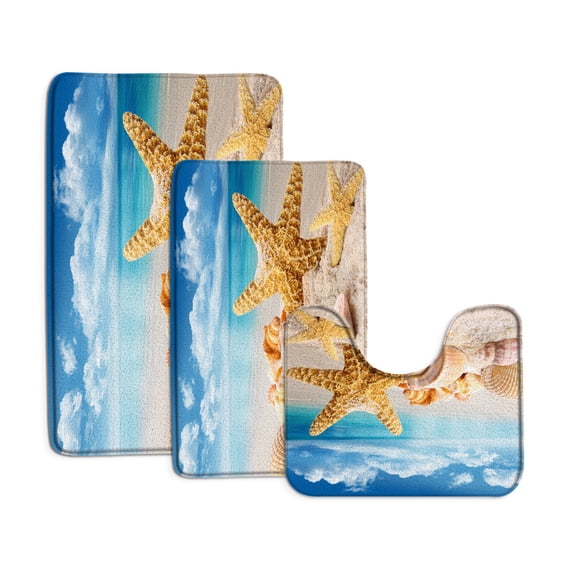 Ocean Beach Bath Mat Set Starfish Conch Shells Hawaiian Nature Scenery Home Carpet Bathroom Decor Non-Slip Rugs U-Shaped Mats