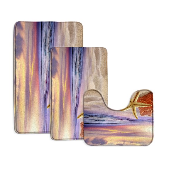 Ocean Beach Bath Mat Set Starfish Conch Shells Hawaiian Nature Scenery Home Carpet Bathroom Decor Non-Slip Rugs U-Shaped Mats