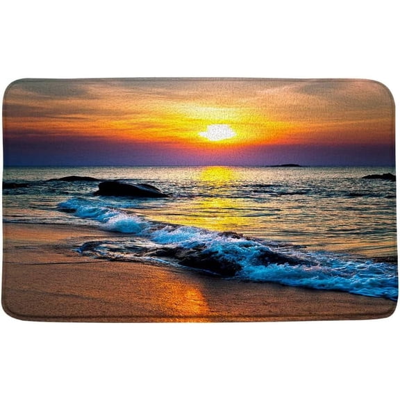 Ocean Beach Bath Mat Sunrise Sunset Ocean Waves Tropical Seaside Landscape Absorbent Doormat Bathroom Rug for Kitchen Toilet Floor 16x24 Inch