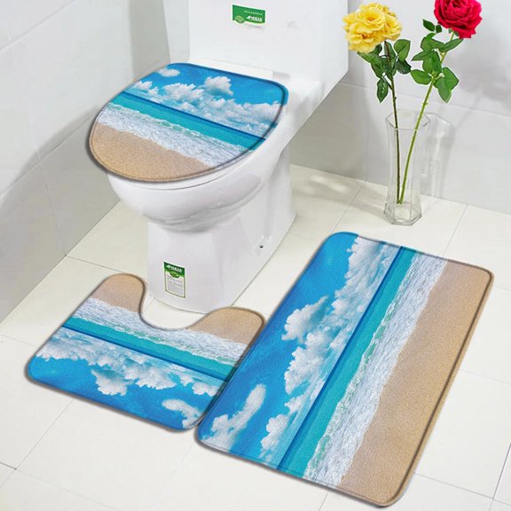 Ocean Beach Bath Mats Set Palm Leaves Bridge Boat Bird Hawaii Nature Landscape Bathroom Carpet Door Rug Anti-Slip Toilet Lid Mat