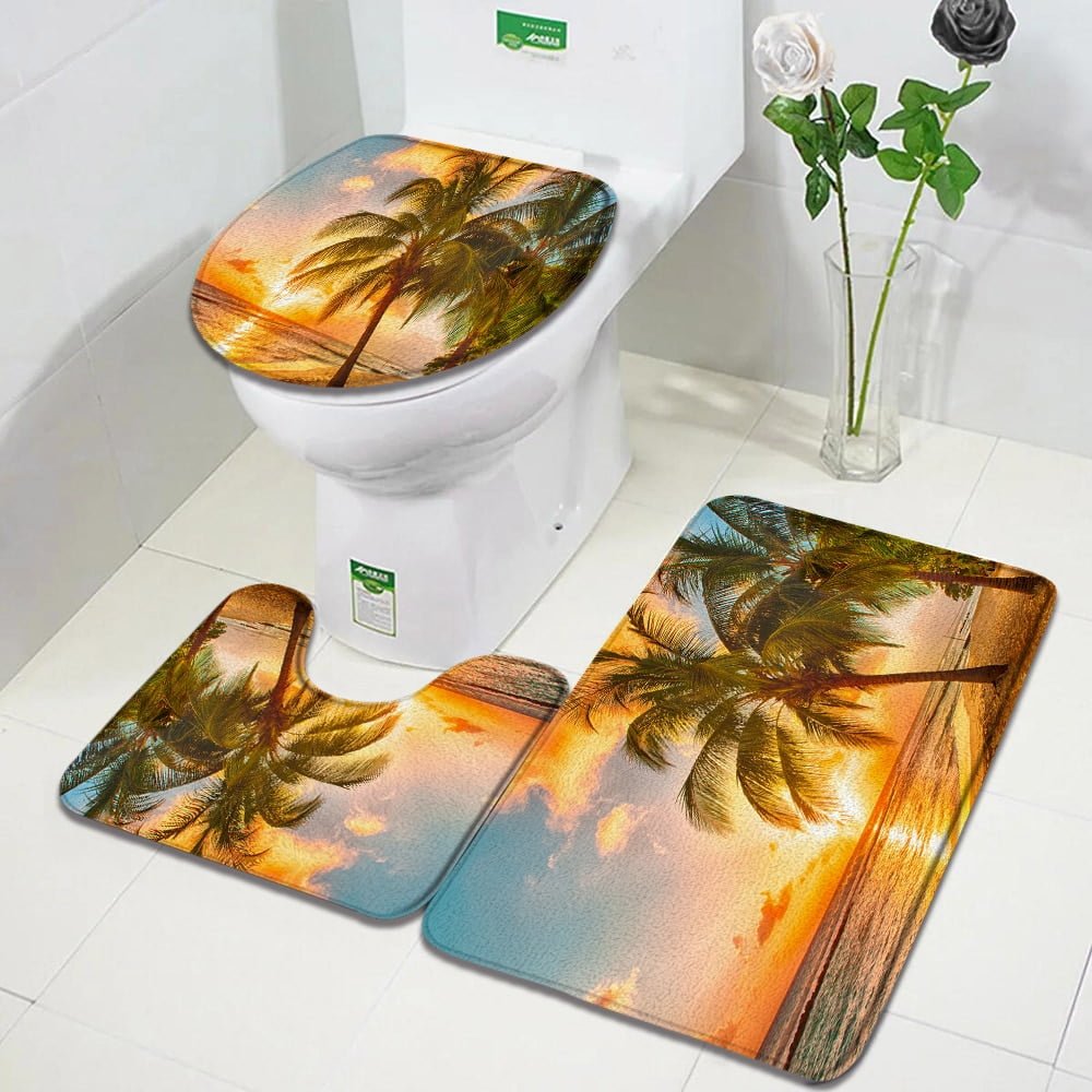 Ocean Beach Bath Mats Sets Palm Trees Tropical Hawaii Nature Scenery ...