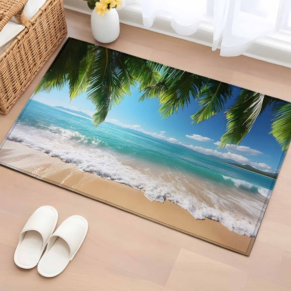 Ocean Beach Bathroom Mats 2x3 FT,Non Slip Small Kitchen Mat,Palm Trees Summer Tropical Island Seaside Washable Soft Backed Front Door Throw Rugs Non-Shedding Indoor Outdoor Doormat for Entryway Sink