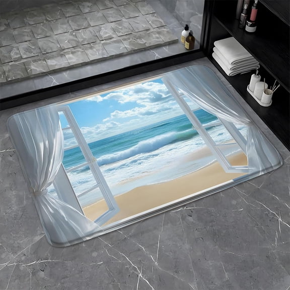 Ocean Beach Bathroom Rug Coastal Window Landscape Bath Mat for Bedroom Kitchen Toilet Floor Doormat 16x24 Inch