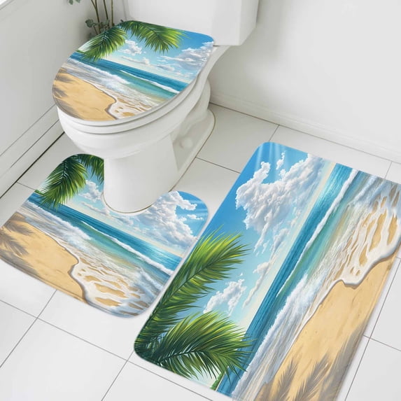 Ocean Beach Bathroom Rugs Set Palm Trees Non Slip Absorbent Soft Bath Mats 3 Piece Set with Bathroom Rug, U-Shaped Floor Mat, Toilet Seat Cover Small Size