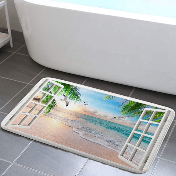 Ocean Beach Bathroom Rugs Tropical Sea Palm Tree Bath Mat Soft Flannel Small Bath Rugs Bathroom Decor Warm Floor Mat for Living Room Bedroom 16 x 24 Inch