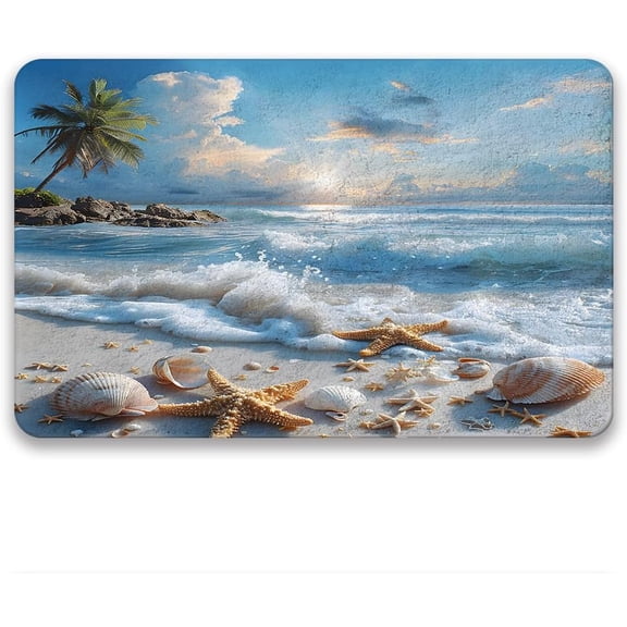 Ocean Beach Bathroon Runner Rug,Sea Wave Starfish Tropical Landscape Coastal Blue Tub Kitchen Doormat Floor Home Decor Mats,Faux Wool Fabric,16x24 Inch