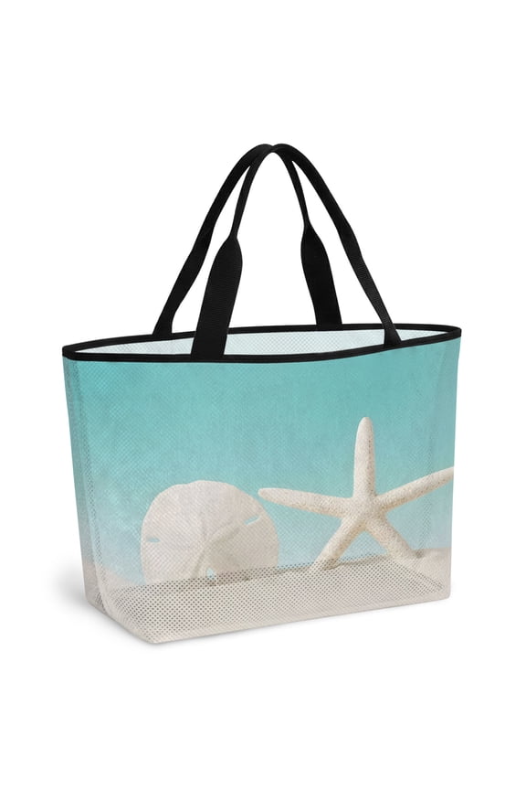 Ocean Beach Beach Bag for Women, Large Breathable Mesh Beach Tote Bag, Summer Coastal Beach Starfish Sand Dollars Teal Sandproof Lightweight Travel Bags for Vacation Picnic Swimming Pool