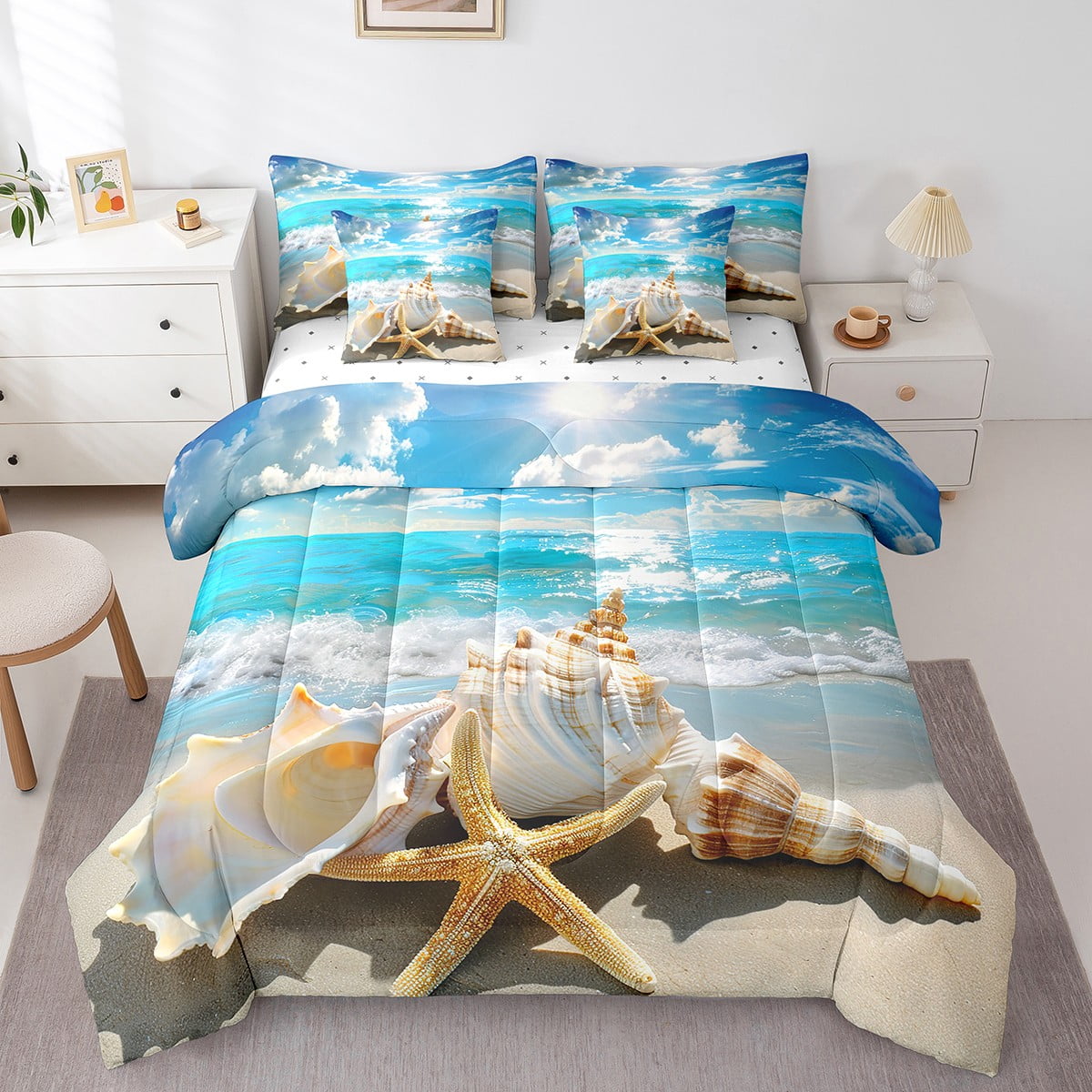 Ocean Beach Bed in a Bag Queen Comforter Set 7 Piece,Tropical Hawaiian