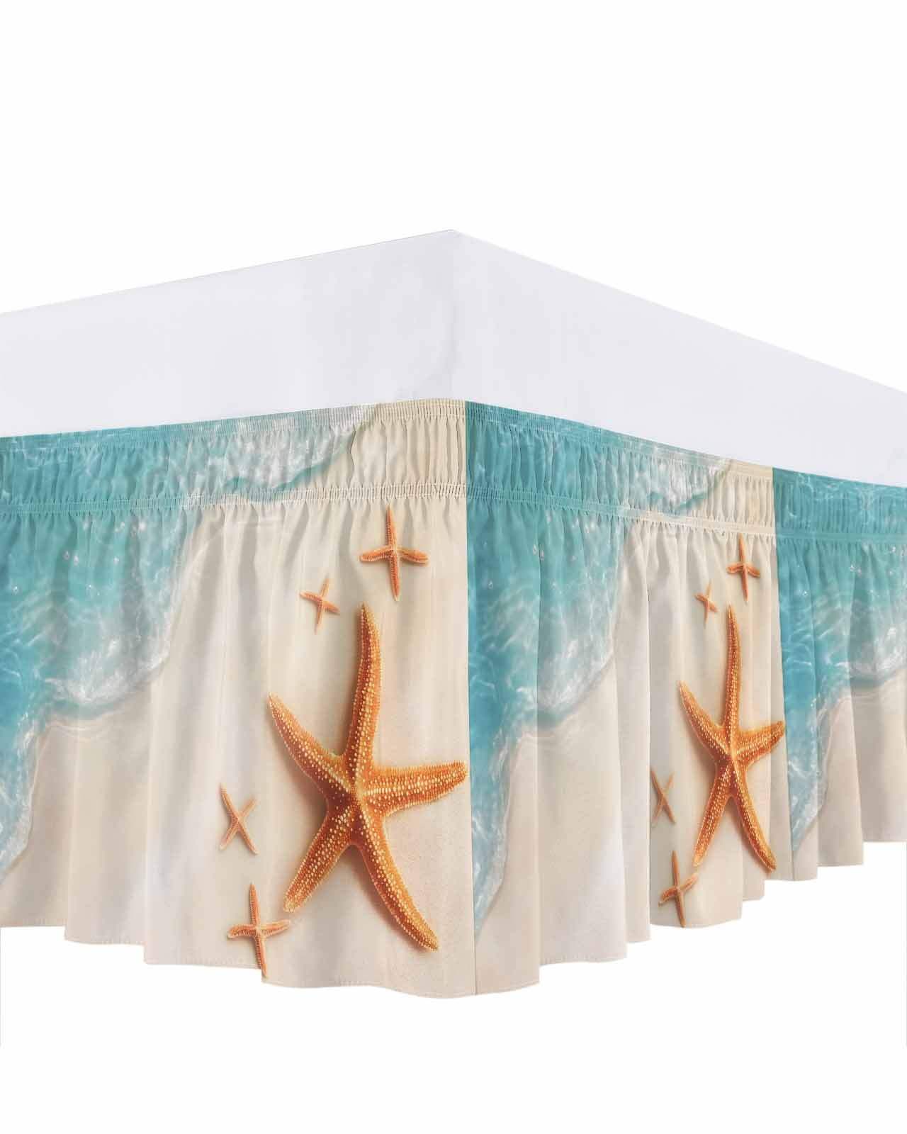 Ocean Beach Bed Skirt King Size 18" Drop Coastal Starfish Summer Nautical Ruffled Wrap Around Bed Skirts Adjustable Elastic Bedskirt Dust Ruffle for King Size Bed