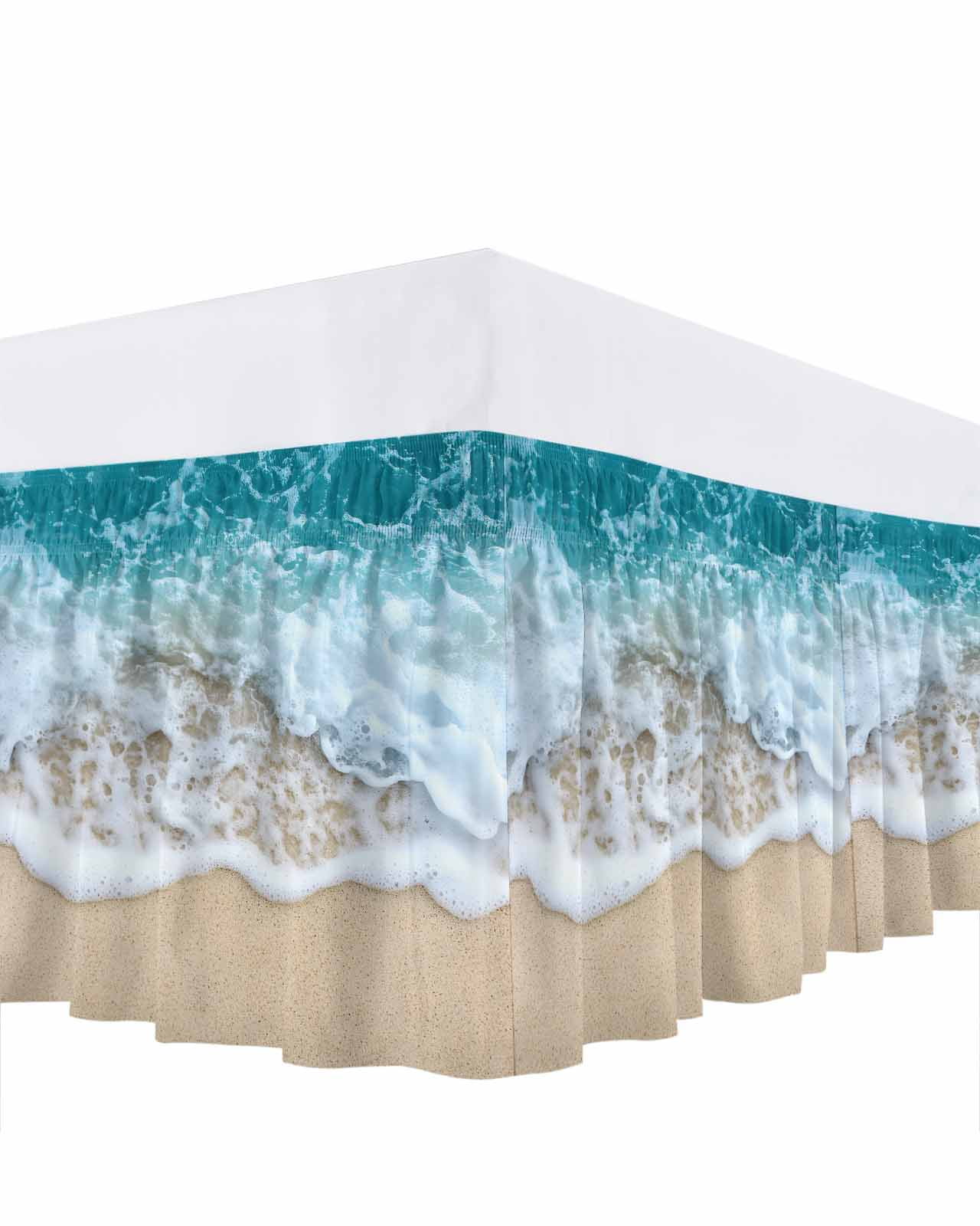 Ocean Beach Bed Skirt Queen Size 16" Drop Summer Sand Waves Nature Ruffled Wrap Around Bed Skirts Adjustable Elastic Bedskirt Dust Ruffle for Queen Size Bed