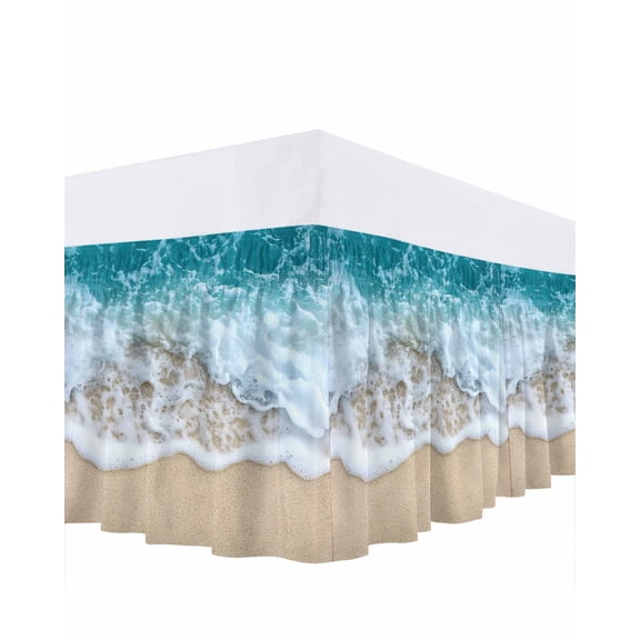 Ocean Beach Bed Skirt Queen Size 16" Drop Summer Sand Waves Nature Ruffled Wrap Around Bed Skirts Adjustable Elastic Bedskirt Dust Ruffle for Queen Size Bed
