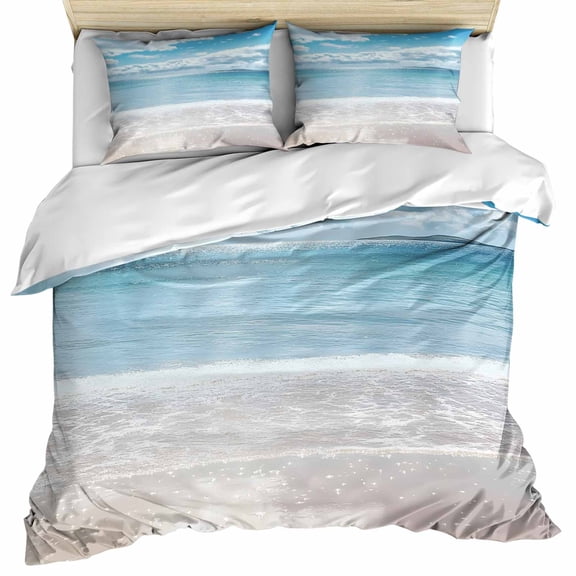 Ocean Beach Bedding 3 Piece Duvet Cover Set Twin Size, Natural Blue Sea Waves Sky Cloudy Scenery Soft Microfiber Comforter Cover with Zipper Closure & Pillowcases, Wrinkle & FadeResistant Quilt Cover