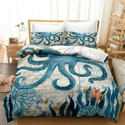 Ocean Beach Bedding Set King Size,3Pcs Lightweight Coastal Bedspreads Coverlet Sets Starfish Seaweed Printed Ocean Duvet Cover Set with Pillowcase(No Comforter)