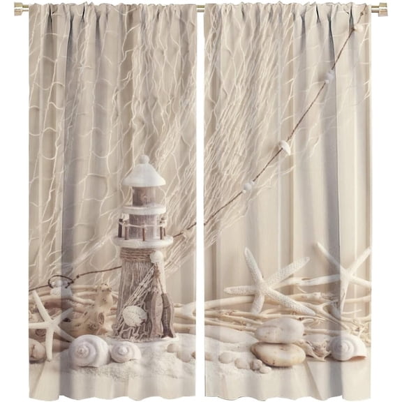 Starfish Seashell Fishing Net Ocean Beach Theme Window Curtains,Nautical Retro Style Home Fabric Bedroom Kitchen Bathroom Decor,2 Panel Set W52xL63in