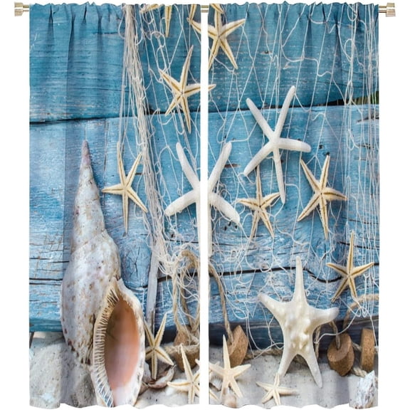 Seashell Window Curtain,Holiday Summer Beach Starfish Rustic Blue Wooden Theme Blackout Window Door Curtains for Bedroom Living Room Decor,2 Panels W52xL63in