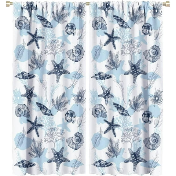 Ocean Beach Bedroom Window Curtain,Ocean Seashell Seahorse Retro Style Blackout Window Door Curtains for Bathroom Living Room Home Decor,2 Panel Set W52xL63in