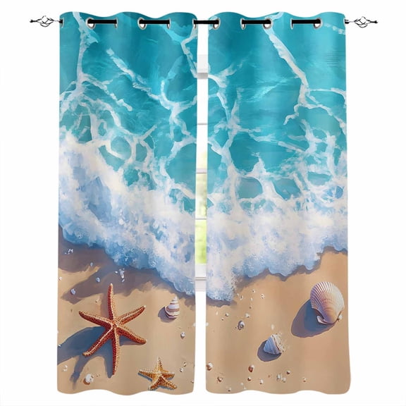 Ocean Beach Blackout Curtains 39 Inches Long,Thermal Insualted Grommet Curtains & Drapes,Coastal Nautical Starfish Shells Sea Waves Room Darking Curtains for Living Room Bedroom 2 Panels 27.5"W x39"L