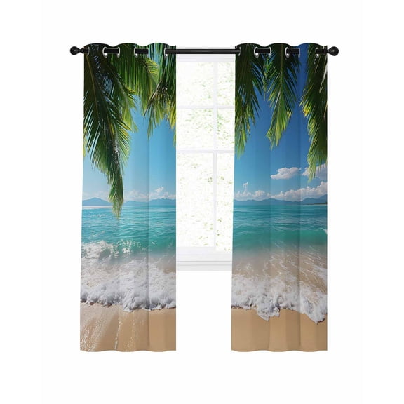Ocean Beach Blackout Curtains 90 Inches Long for Bedroom, Palm Trees Summer Tropical Island Seaside Thermal Insulated Room Darkening Black Out Window Curtain Panels Grommet Drapes for Living Room