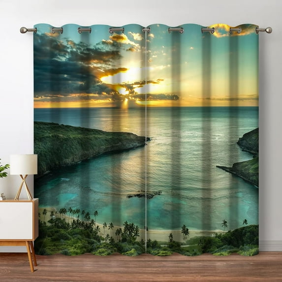 Ocean Beach Blackout Curtains Ocean Morning Sunrise Decor for Bedroom Living Room with Hawaiian Seaside Scene Island Green Print Grommet Window Drapes 2 Panel Set, 42"x54"