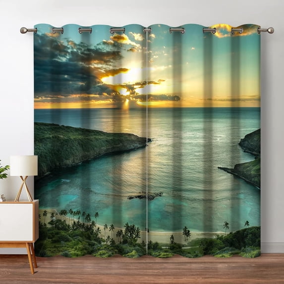 Ocean Beach Blackout Curtains Ocean Morning Sunrise Decor for Bedroom Living Room with Hawaiian Seaside Scene Island Green Print Grommet Window Drapes 2 Panel Set, 42"x54"