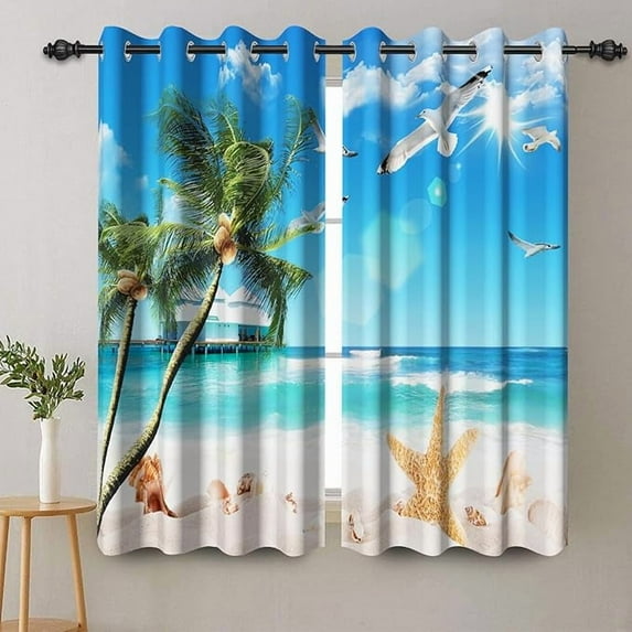 Ocean Beach Blackout Window Curtains For Bedroom Kitchen Scenery Seagull Starfish Palm Printed Window Drapes With Grommets Art Seashore Seascape Curtains 26"W x 54"L (Pack of 2)
