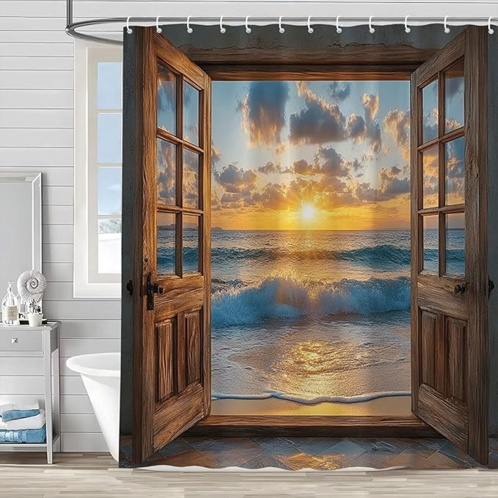 View of Ocean Beach Brown Wood Door Shower Curtain For Bathroom Decor Sunset ...