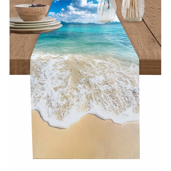 Ocean Beach Burlap Cotton Table Runner 13x36 Inches Short, Blue Sky Waves Sand Horizon Shore Summer Farmhouse Table Runners, Outdoor Dining Tablecloths Decor for Baby Shower/Party/Wedding