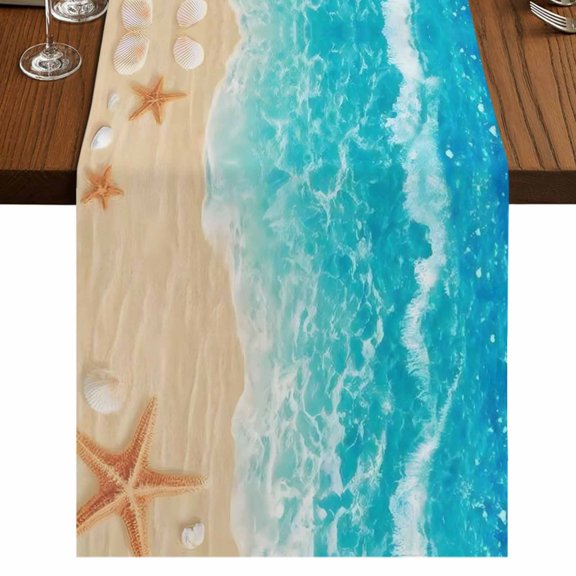 Ocean Beach Burlap Cotton Table Runner 13x36 Inches Short, Coastal Nautical Starfish Seashells Sea Waves Farmhouse Table Runners, Outdoor Dining Table Decor for Baby Shower/Party/Wedding