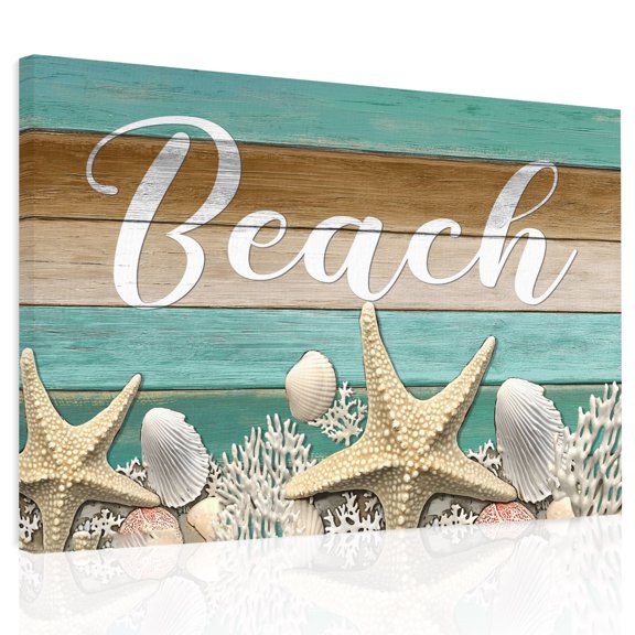 Ocean Beach Canvas Print Wall Art, Starfish Shell Coral Teal Brown Ombre Wood Grain Wall Decor Modern Artwork Paintings Pictures for Living Room Framed and Stretched Ready to Hang, 20" x 24"