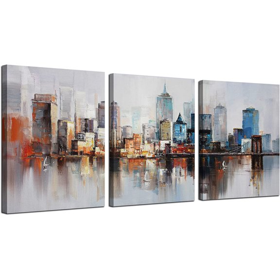 Ocean Beach Canvas Wall Art Coastal Painting Blue Sky Bathroom Pictures, Teal Landscape Sunset Panoramic Artwork Framed for Living Room Bedroom Kitchen Dinning Room Wall Decor, 12"x16"x3 Panels