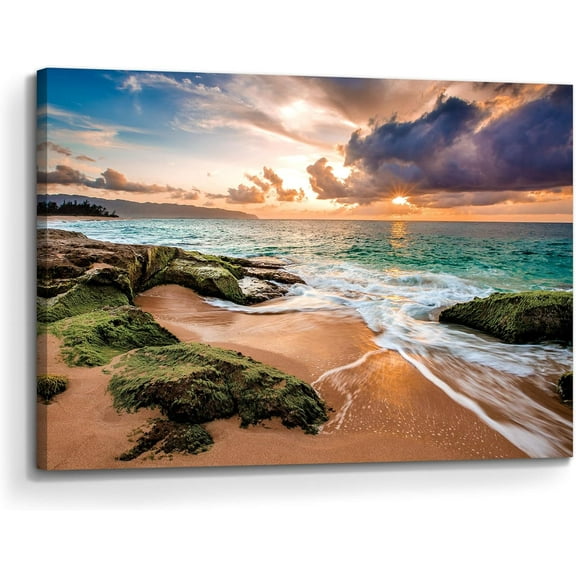 Ocean Beach Canvas Wall Art: Coastal Picture Seaside Sea Wave Print Decor Sunrise Seascape Artwork Relaxing Bedroom Living Room Home Office Painting Decoration