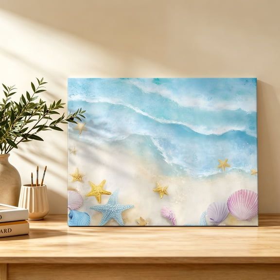 Ocean Beach Canvas Wall Art, Gradient Blue Ocean Waves Blue Pink Sea Star Shell Beach Wall Art Prints Artwork Framed Canvas Ready to Hang Art Pictures for Bathroom Bedroom Entry Desk Corner 10" x 8"