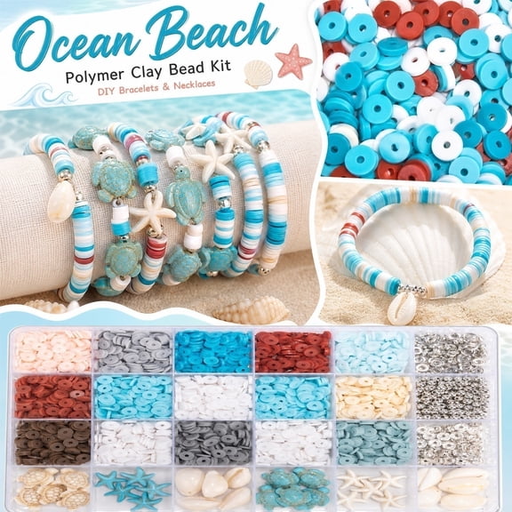 Ocean Beach Clay Beads Bracelet Making Kit, Polymer Clay Beads Kit with Sea Shell Starfish Charms, DIY Jewelry Making Set (Soft clay)