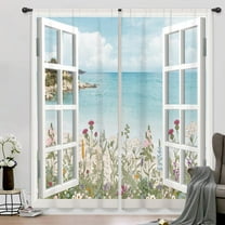Ocean Beach Coastal Curtains Teal Blue Hawaiian Sea Floral Scenery Rustic Wildflower Plant Rod Pocket White Wooden Window Seascape Bedroom Living Room Treatment Fabric 2 Panels 52Wx84H Inch
