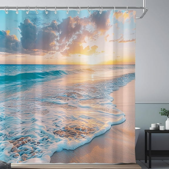 Ocean Beach Coastal Nautical Summer Sunset Waterproof Shower Curtain for Bathroom Seaside Seacoast Beachy Waves Bathtub Decor Seascape Neutral Polyester Set with Hooks 60"W x 72"L (Pack of 1)