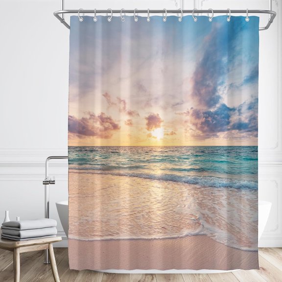 Ocean Beach Coastal Sea Scene Shower Curtain for Bathroom 72W*72H Inch Seaside Nautical Summer Sunset Sunrise Beachy Bathtub Decor Waves Seacoast Hawaiian Aesthetic Waterproof Polyester Fabric