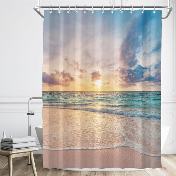 Ocean Beach Coastal Sea Scene Shower Curtain for Bathroom 72W*72H Inch Seaside Nautical Summer Sunset Sunrise Beachy Bathtub Decor Waves Seacoast Hawaiian Aesthetic Waterproof Polyester Fabric