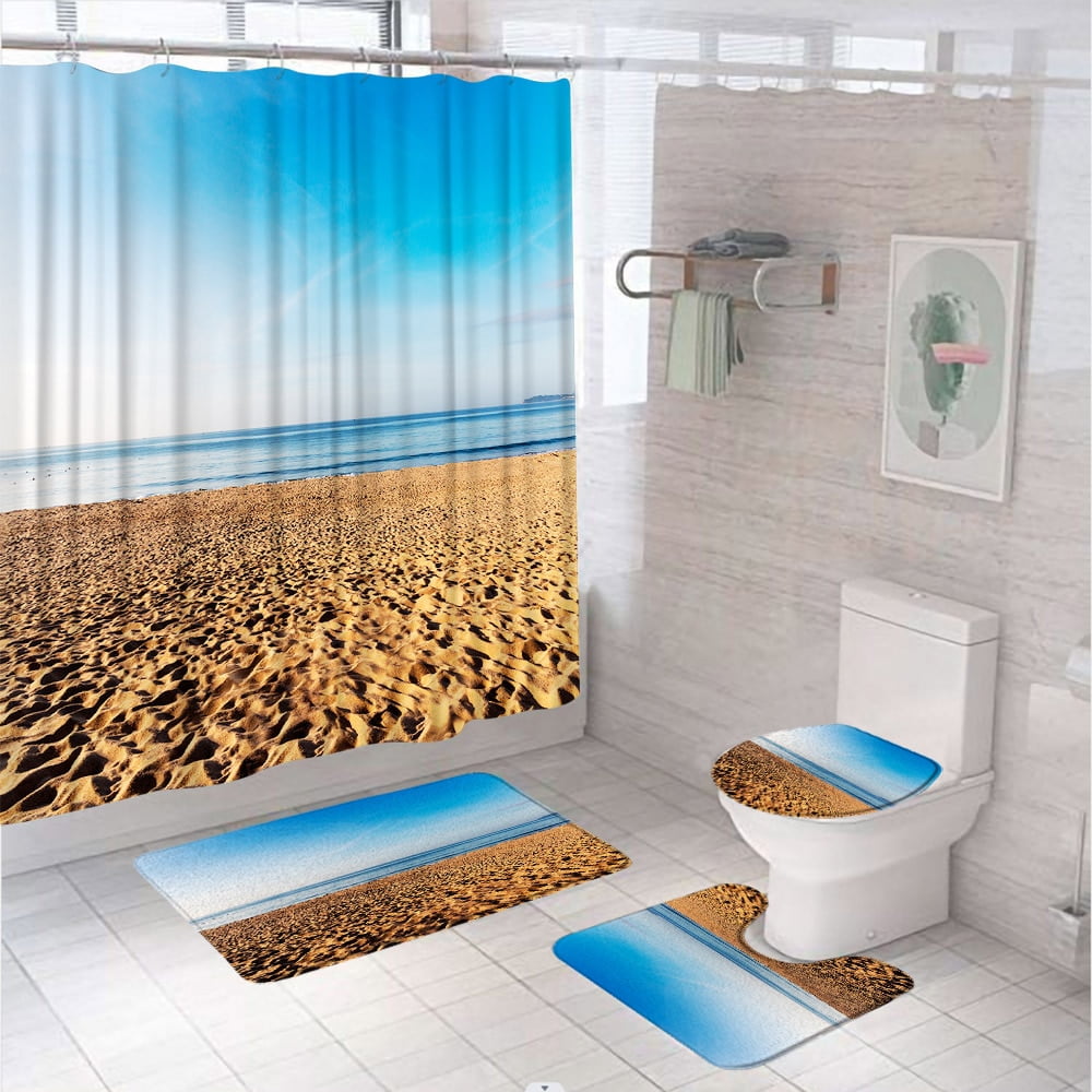 Ocean Beach Coastal Shower Curtain Set Blue Sea Sky Waves Seaside ...
