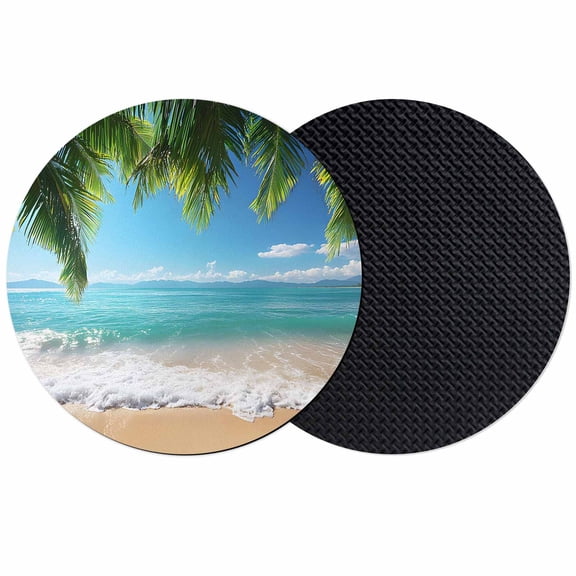 Ocean Beach Coasters Set of 2, Palm Trees Summer Tropical Island Seaside Absorbent Coasters for Drinks, Coaster for Bar Office Dining Coffee Table Accessories Decor, Non Slip Round Desk Coaster