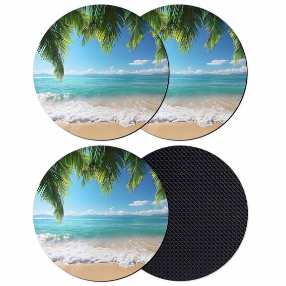 Ocean Beach Coasters Set of 4, Palm Trees Summer Tropical Island Seaside Absorbent Coasters for Drinks, Coaster for Bar Office Dining Coffee Table Accessories Decor, Non Slip Round Desk Coaster