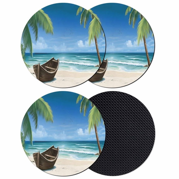 Ocean Beach Coasters Set of 4, Soft Absorbent Coasters for Drinks, Blue Coastal Palm Tree Nautical Sailboat Non-Slip Cup Coaster Mat with Rubber Bottom for Home Kitchen Desk Coffee Bar Table Decor 4"